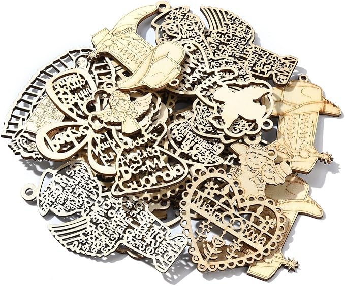 35 pcs 7 Styles Wedding Theme Wood Cutout Charms Angel Goddess Heart Cross Sun