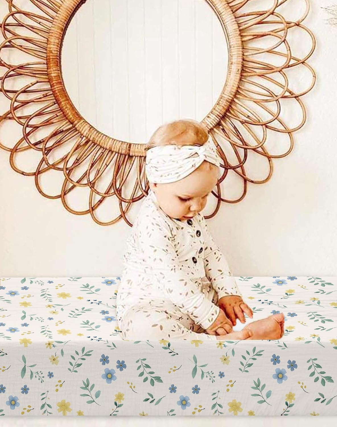 Changing Pad Cover for Baby Boy Girl 2 Pack, Muslin Changing Table Pad Covers with Boho Style, Neutral Nursery Bedding Essentials Soft and Breathable (Spring Garden & Sage)
