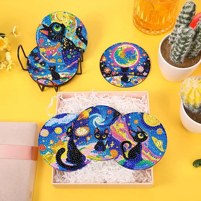 10 PCS Black Cat Diamond Art Coasters Kit