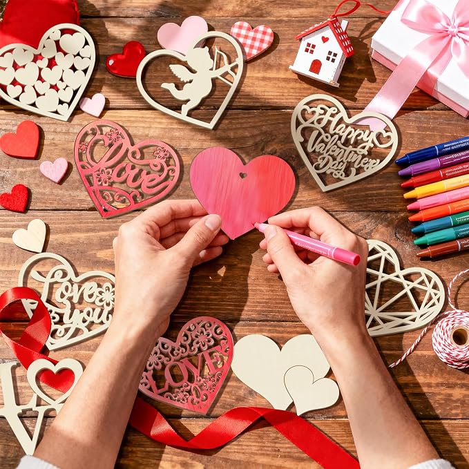 36PCS Wooden Heart Ornaments to Paint Valentine's Day Craft, 9 Styles DIY Blank