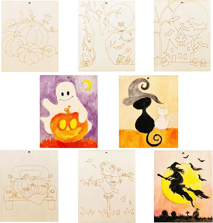 Piatoeke 16PCS 5.9×4.7in Unfinished Wooden Halloween Cutouts Board