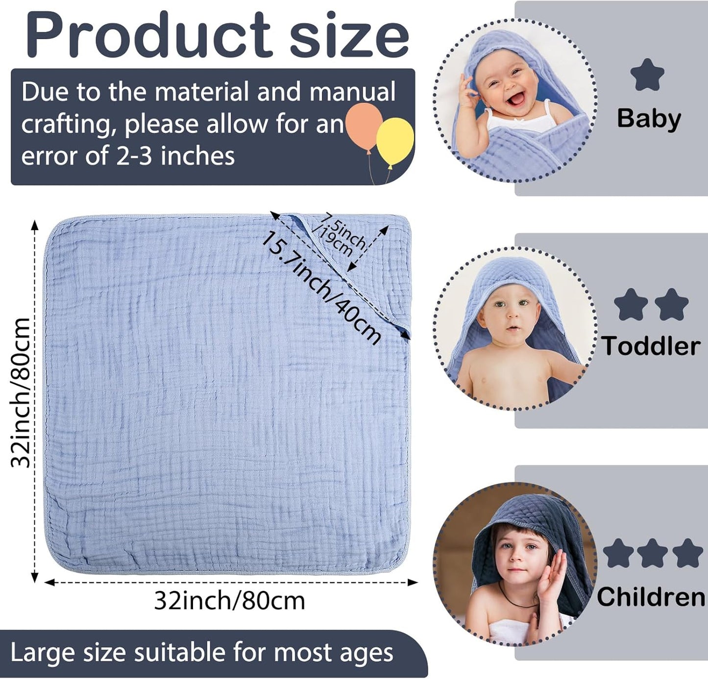 VitalCozy 6 Pcs Baby Muslin Hooded Bath Towels and Washcloths, 32 x 32 Inch Muslin Cotton Hooded Baby Towels Absorbent Hooded Blankets for Gift Newborn Infant Shower (Dark Blue,Light Blue)