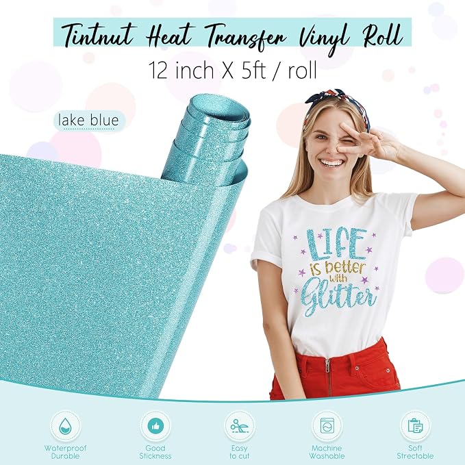 Tintnut Mermaid Blue Glitter Heat Transfer Vinyl Roll, easy cut & weed