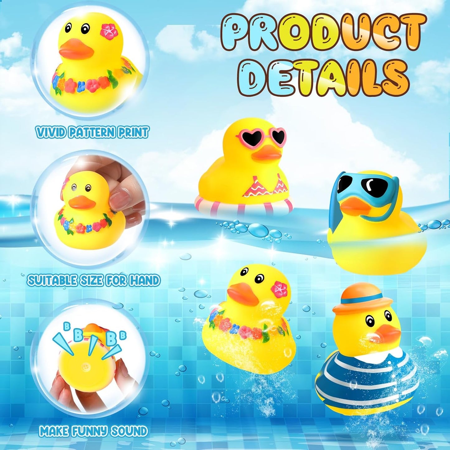 Honoson 36 Pcs Summer Beach Rubber Duckies Bulk Mini Rubber Duck Bath Toys Float Bathtub Ducky Cute Squeaky Ducky for Classroom Carnival Summer Birthday Baby Shower Party Favor