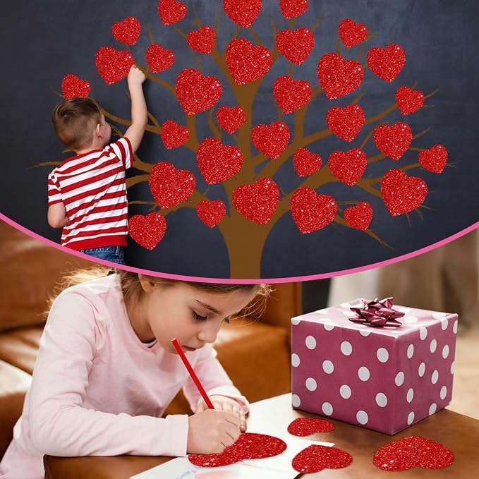 JarThenaAMCS 45Pcs Valentine' s Day Heart Cutouts Red Pink Glitter Heart Shaped