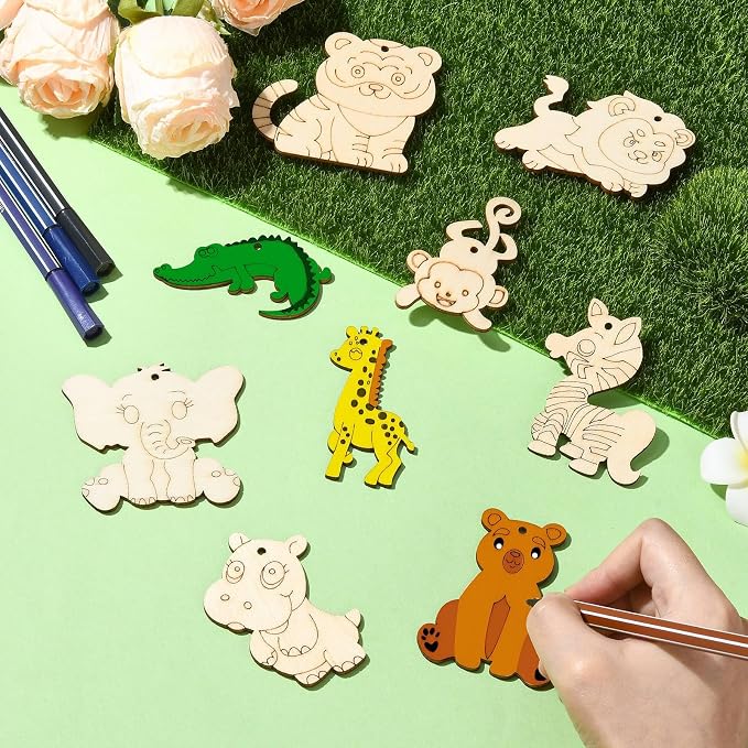 45 Pcs 9 Styles Unfinished Animal Wood Cutouts Cute Horse Lion Bear Wooden