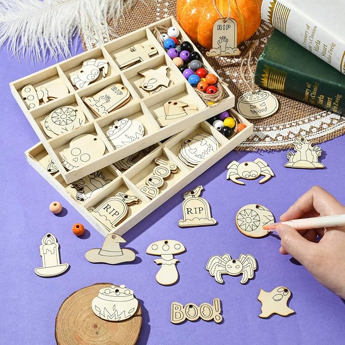 54 pcs Mixed Styles Halloween Theme Unfinished Wood Cutout Charms Cross Spider