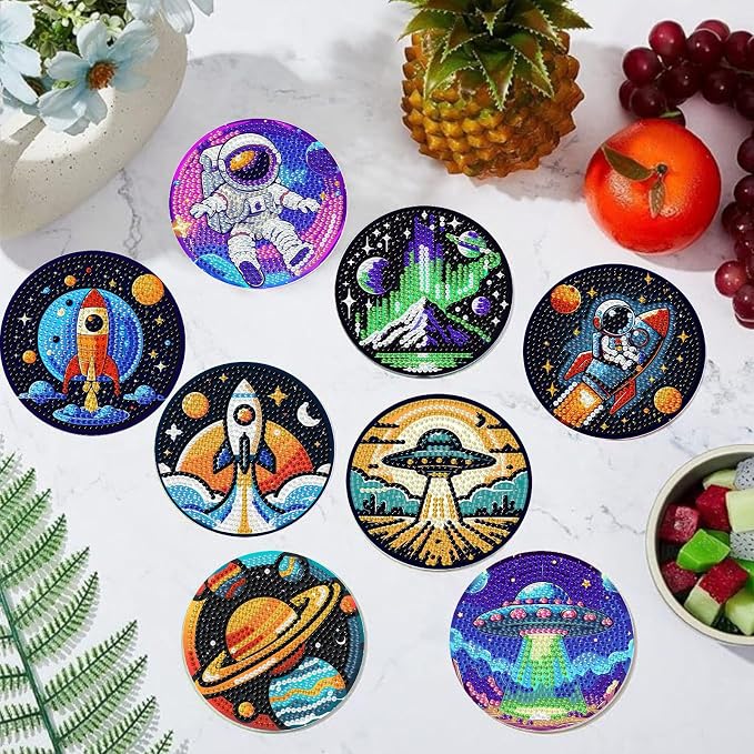 8PCS Outer Space Diamond Art Coasters Kit, Cute Spaceship Diamond Painting