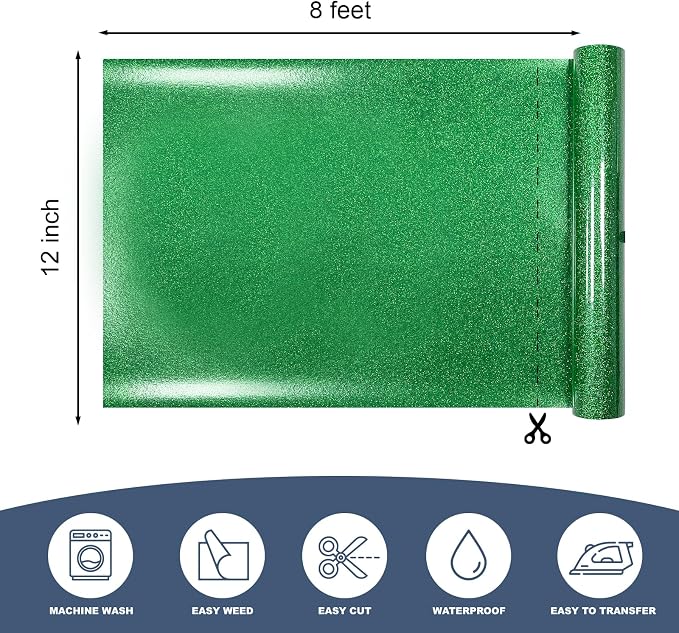 Green Glitter Heat Transfer Vinyl 12" x 8 ft HTV