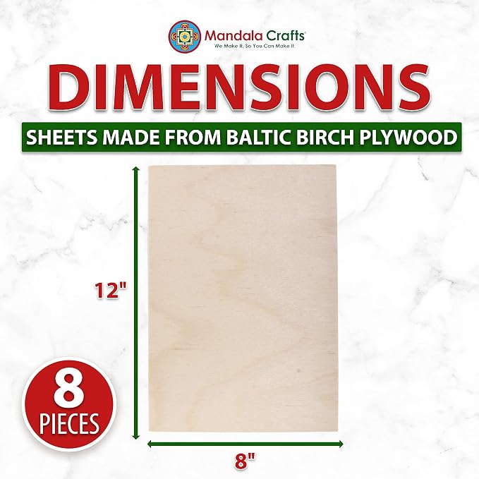 Mandala Crafts Baltic Birch Plywood Board 12x8 Inches