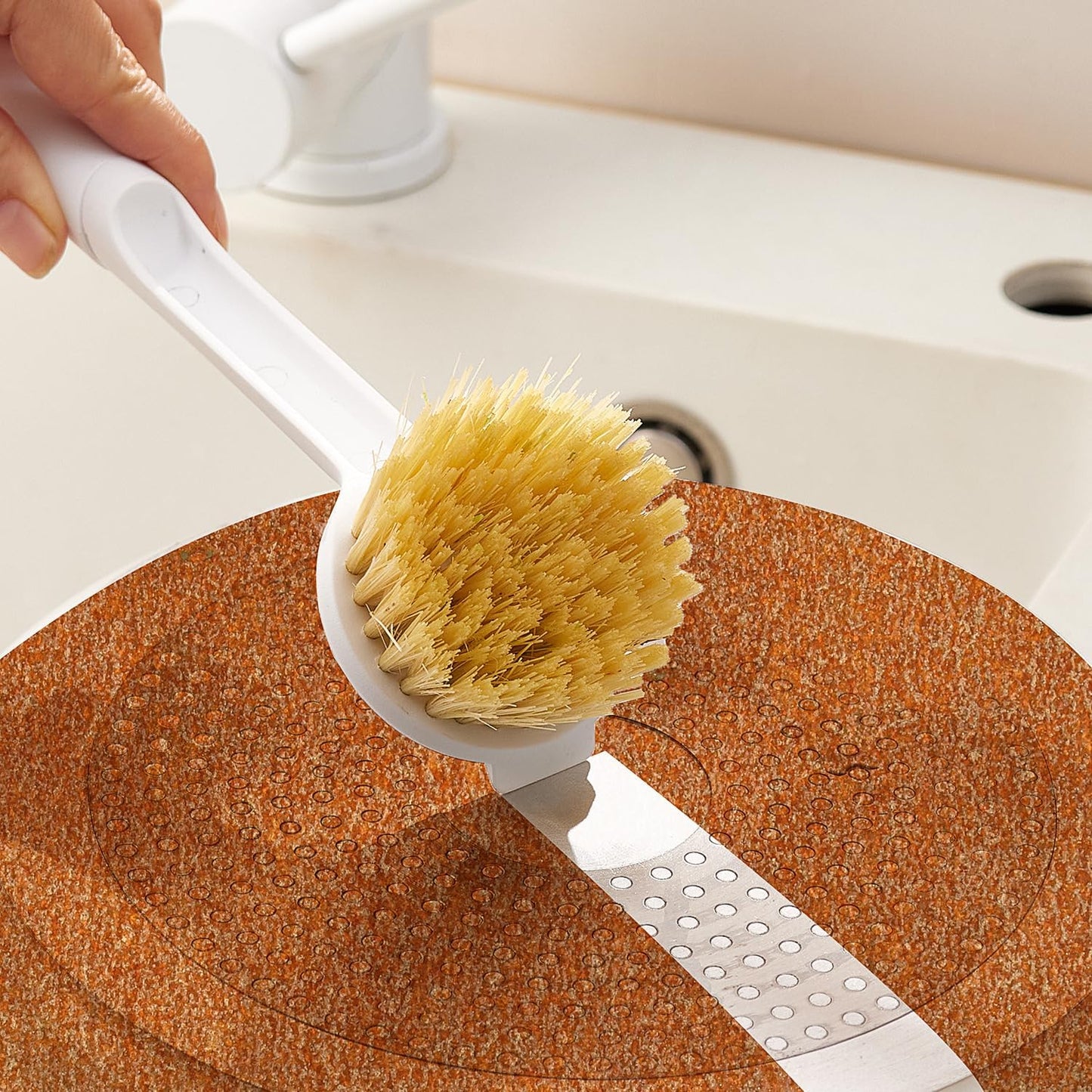 Kitchen Cleaning Brush(Natural Sisal Bristles),Pot Dish Brush Pots Comfortable Long Built-in Scraper Scrub Brush for Pans,Kitchen Sink Cleaning(White
