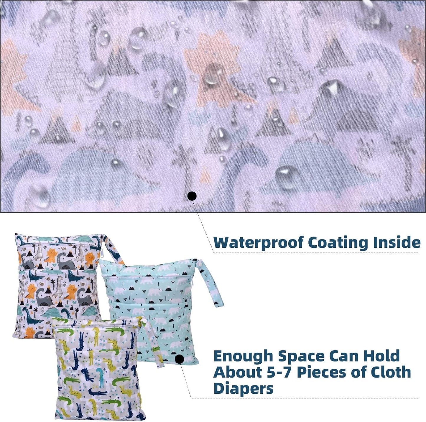 3pcs Cloth Diaper Wet Dry Bags Waterproof Reusable with Two Zippered Pockets Travel Beach Pool Daycare Soiled Baby Items Yoga Gym Bag for Swimsuits or Wet Clothes (Dinosaur,Polar bear)