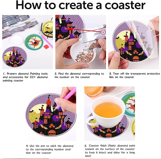 Clendo 8 PCS Halloween Diamond Art Coasters Kits, Cute Diamond Painting Coaster