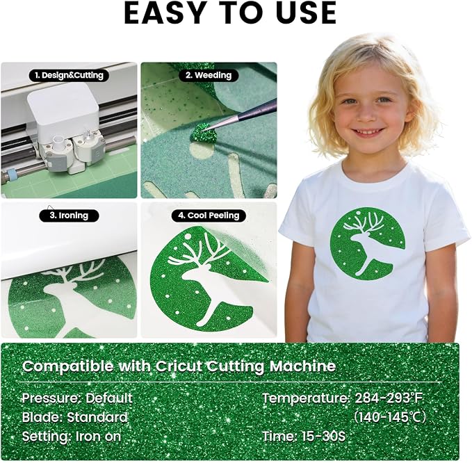 Green Glitter HTV Heat Transfer Vinyl, Glitter Iron on Vinyl Roll 10" x8ft |