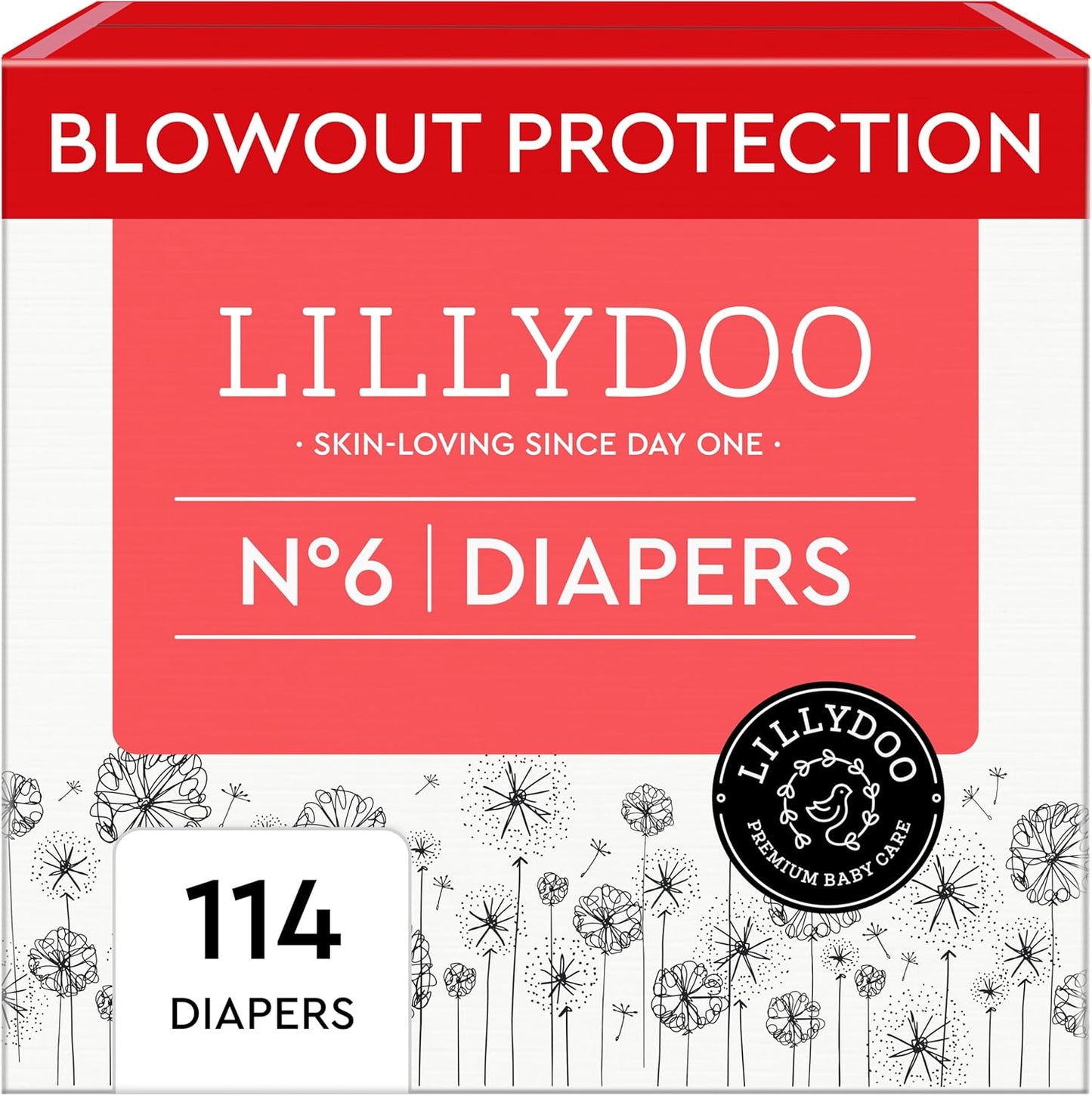 LILLYDOO Baby Diapers - Size 6 (29+ lbs), Monthly Supply (114 Count), Leak Protection, Skin-Friendly, Ultrasoft, Perfume- & Chlorine-Free, Hypoallergenic, Dermatologist Tested, Oeko-TEX®