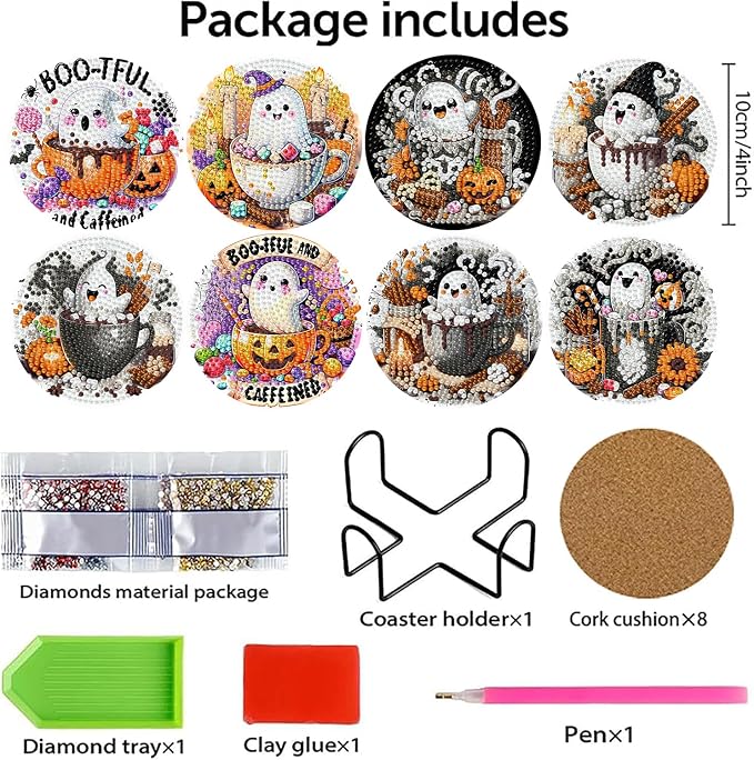 8 PCS Halloween Diamond Art Coasters Kits, Ghost Diamond Painting Coaster |