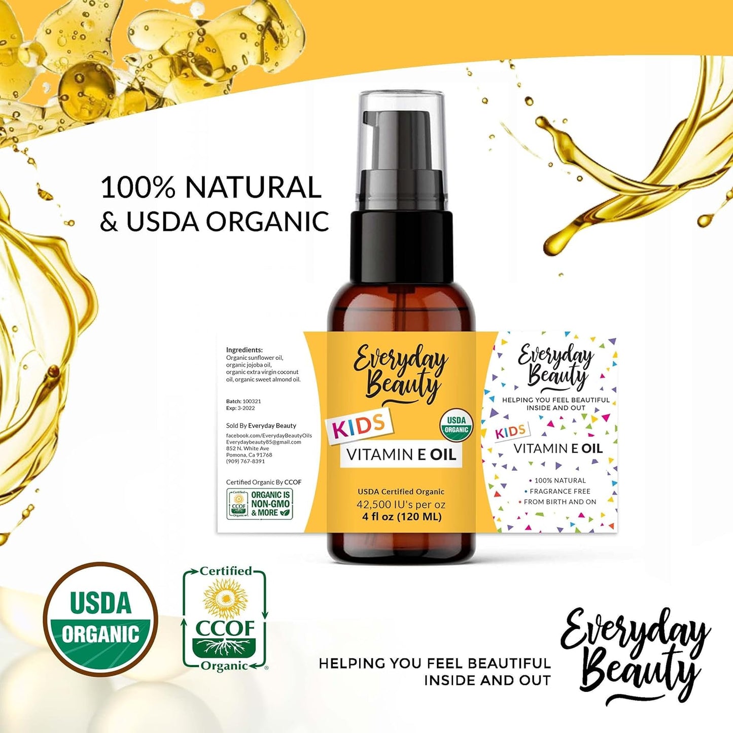 Organic Vitamin E Oil - Nourishing Baby Massage Oil for Moisturizing Dry Skin - Fragrance Free & All Natural Plant Based, Lightweight Gentle Blend - 4 Fl Oz With Pump Top