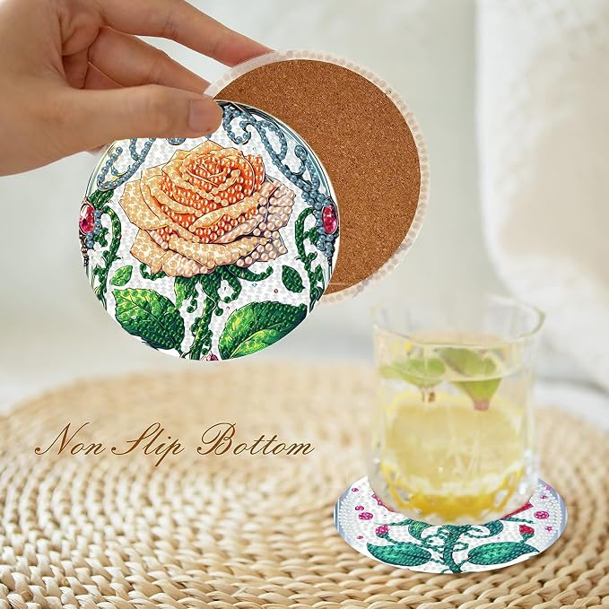 Axquilono 8 Pcs Rose Diamond Art Coasters Kit