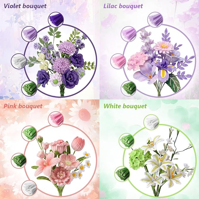Cwczhi 600 PCS Pipe Cleaners Craft, 9 Colors Purple Pipe Cleaner Flower Kit |