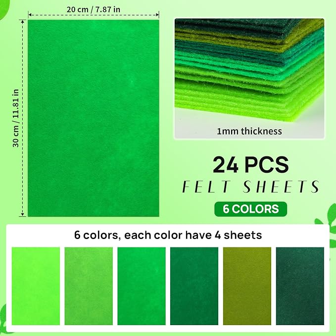 24 Pcs Green Felt Fabric Sheets, 8 Inch X 12 Inch 1mm Craft Felt, Felt Sheets