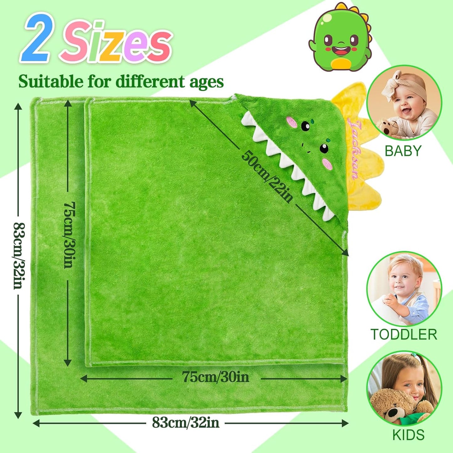 Custom Hooded Bath Towel with Name, Personalized Highly Absorbent Bunny Towels, Baby Bath Towels for Girls Boys, Brithday for Baby, Toddler, Newborn (Green-Dinosaurs)