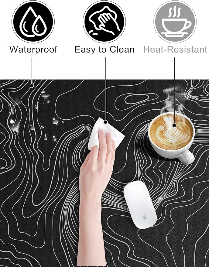 TopMade Mouse Pad with 15W Fast Wireless Charging, 31.5"x15.75" XXL Large Gaming Waterproof Desk Pad with Ultra-Smooth Surface, Non-Slip Base, Computer Desk Mat, Black Topographic Map #2