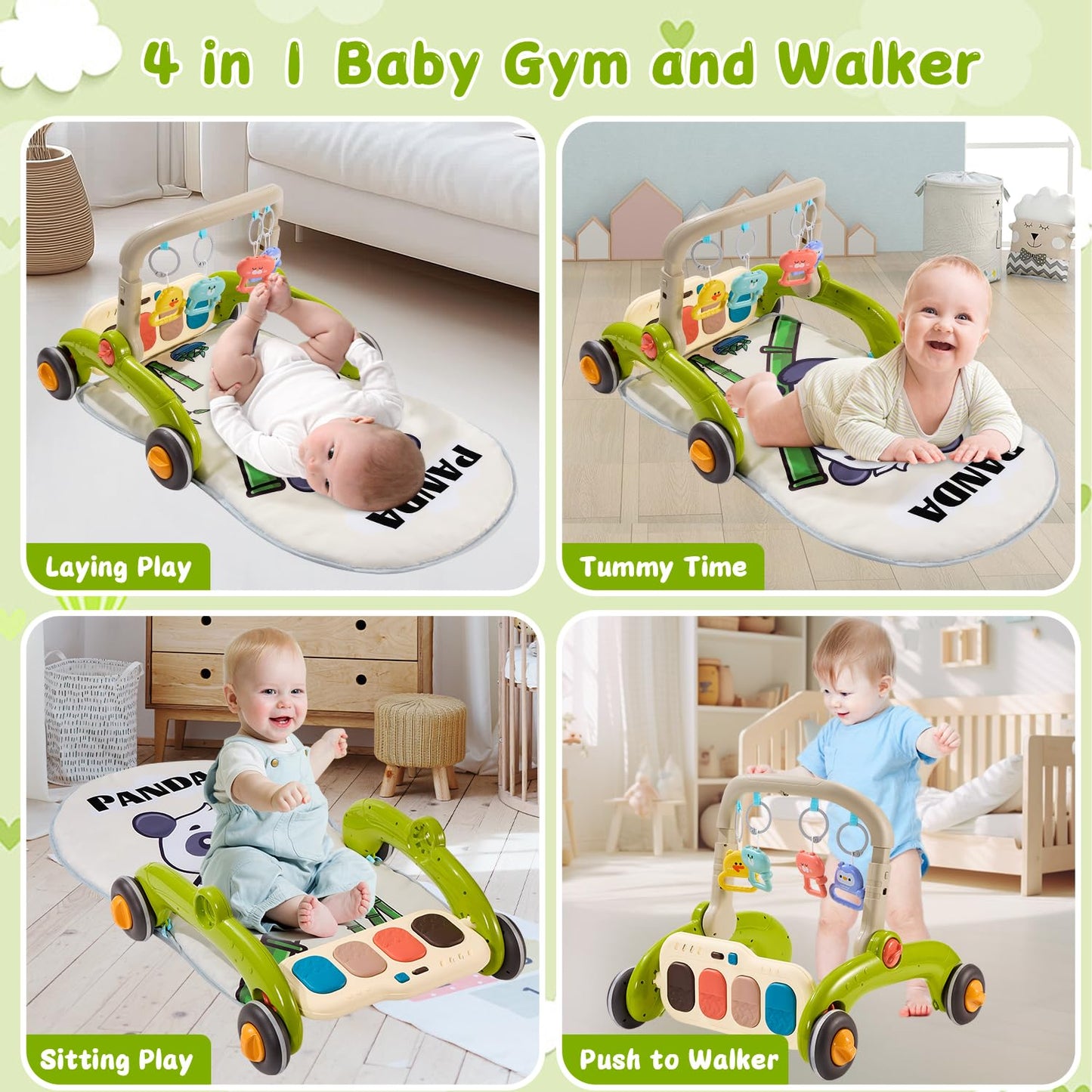 Baby Play Gym Walker Kick and Play Piano Gym Musical Tummy Time Mat for Boys Girls Infant Newborn Gifts (Panda Upgraded)