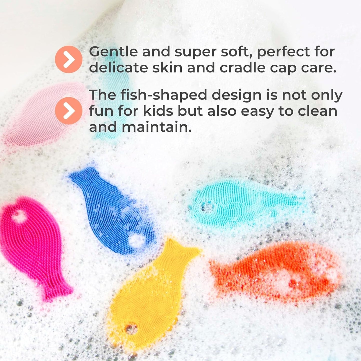Innobaby Bathin' Smart Silicone Bath Scrub for Babies Toddlers and Adults in Double Sided Sensory Fish Shape, Gently Exfoliate Face and Body, Made with Quick-Dry Food Grade Silicone- Orange/Yellow