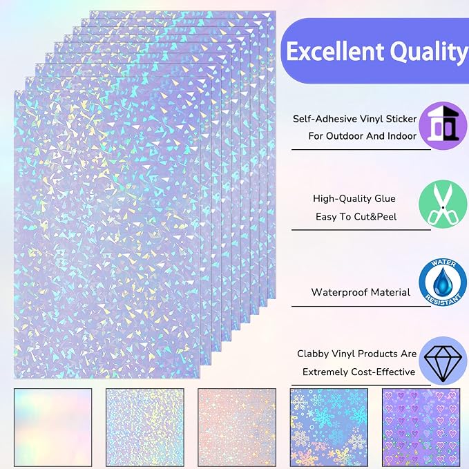 Clabby 36 Sheets Holographic Sticker Paper A4 Vinyl Holographic Laminate Sheets