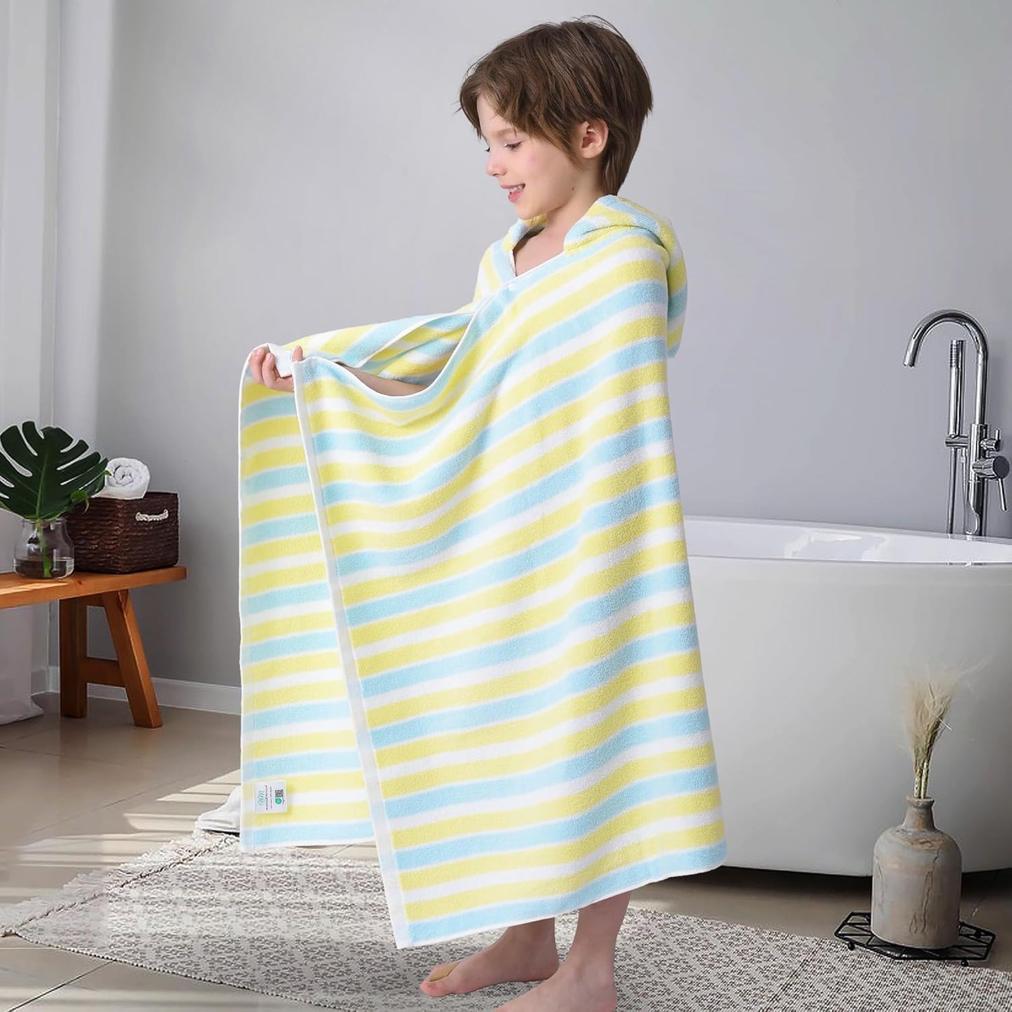 VOOVA & MOVAS Toddler Towels for Boys - 100% Cotton (3-10Years) - Quick Dry Absorbent Lightweigh Hooded Wrap Towel for Pool | Swim | Beach | Bath, Yellow Blue Stripe