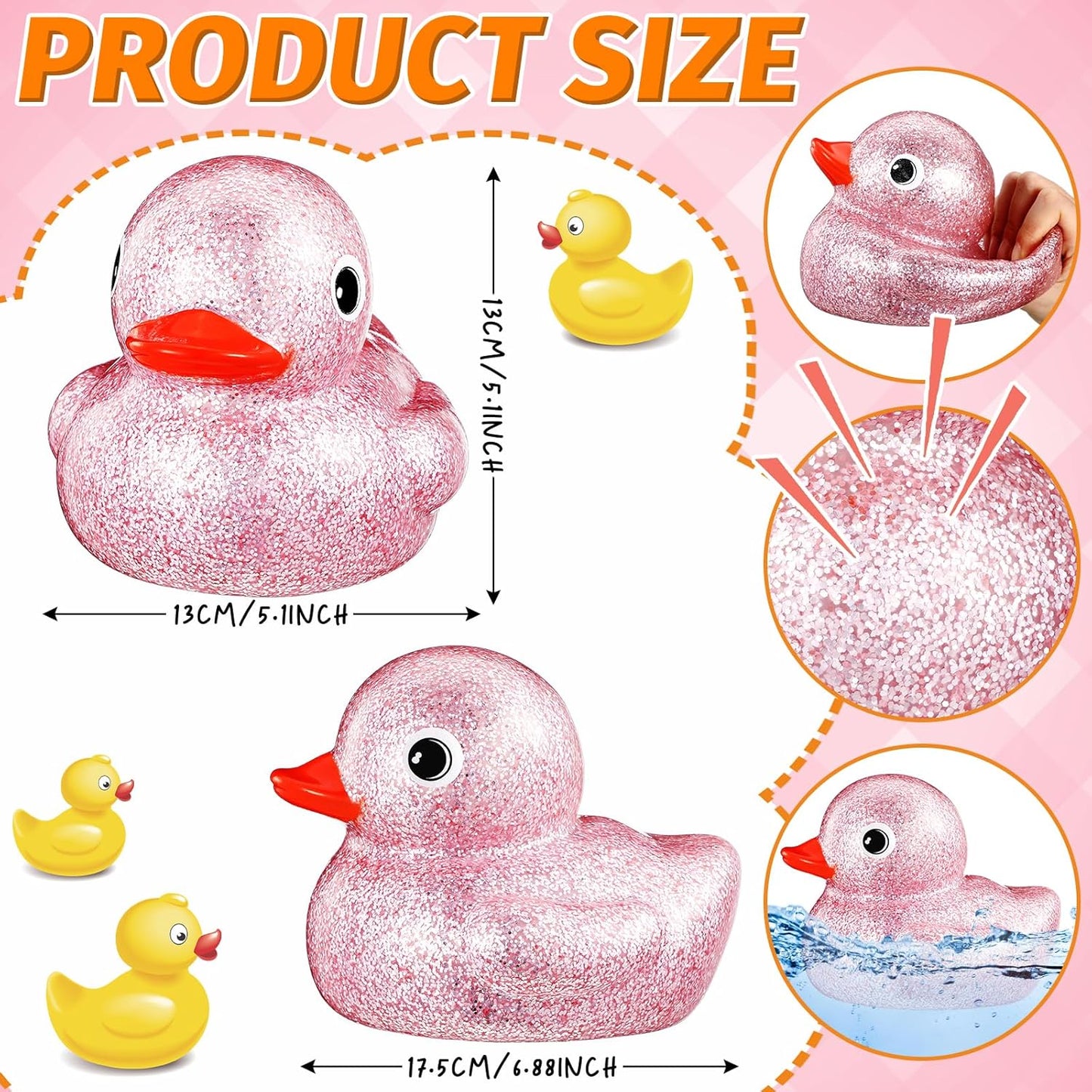 Honoson 6.89 Inch Giant Glitter Rubber Duck Big Glitter Rubber Duck Large Sparkly Duckling Bath Toy with Squeaky Sound for Summer Baby Shower Birthday Party Favor Gift(Pink)