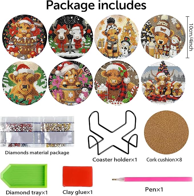 8 PCS Christmas Diamond Art Coasters Kits Highland Cows Coaster Kits | Diamond