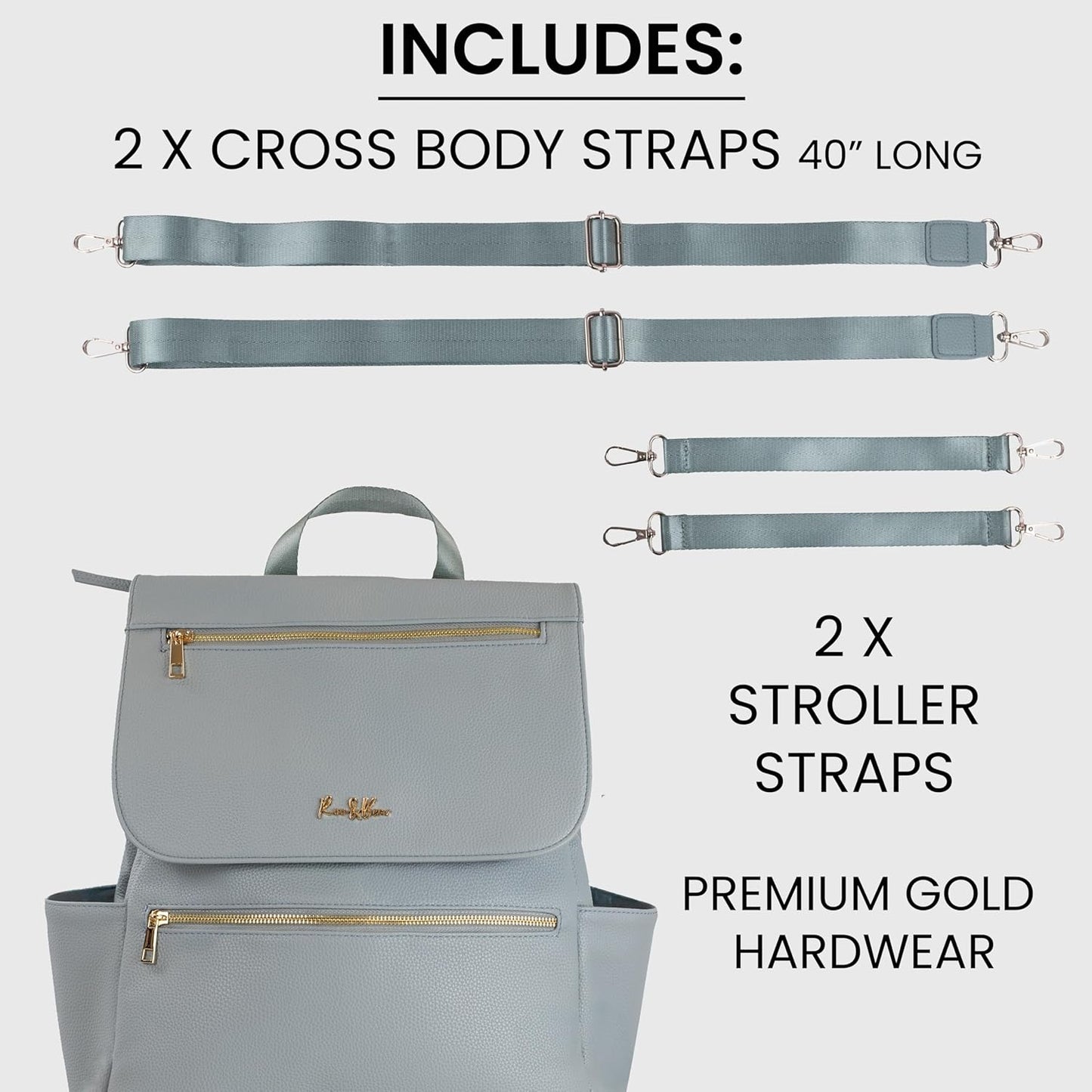 Premium Vegan Leather Diaper Bag Backpack – Large Designer Baby Bag, Stylish Diaper Backpack with Stroller & Crossbody Straps & Multiple Compartments (Powder Blue)