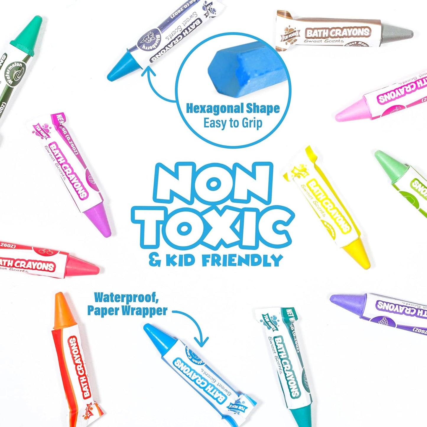 Tub Works® Sweet Scents Smooth™ Bath Crayons Bath Toy, 12 Pack | Nontoxic, Washable Bath Crayons for Toddlers & Kids | Unique Formula Draws Smoothly & Vividly on Wet & Dry Tub Walls | Scented Crayons