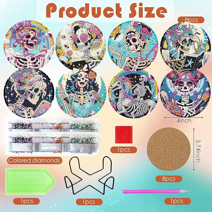 ijbnhd 8 PCS Skull Diamond Art Coasters Kit Diamond Painting Coasters | Skull
