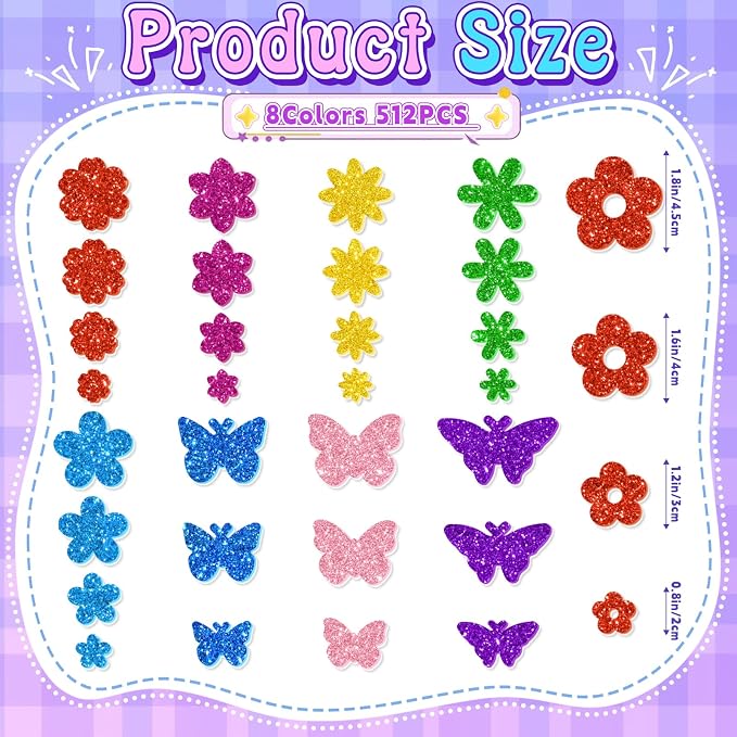 512 PCS Glitter Foam Stickers, Colorful Flower & Butterfly Shapes Foam Stickers