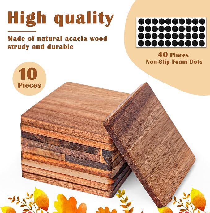 10 Pieces Unfinished Wood Coasters, 4 Inch Square Acacia Wooden Coasters