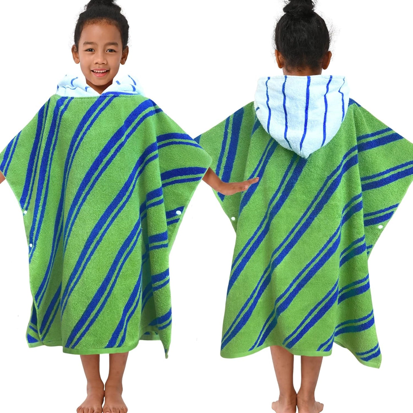 VOOVA & MOVAS Kids Hooded Poncho Towels (4-8Years,27.5"x27.5"),100% Cotton Soft Absorbent Towel for Boys,Perfect for Bathroom | Pool | Beach | Swimming, Jacquard Green Stripe
