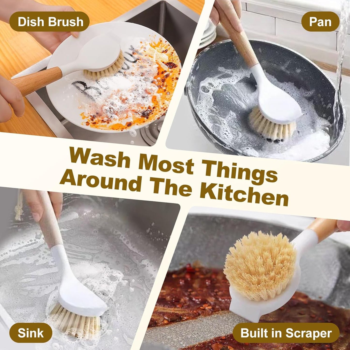 XYFuuee 5 Pack Dish Bottle Brush Set with 5-in-1 Cup Cleaning Brush, Dish Scrub Long Handle Brush with Scraper Tip, 3 Straw Cleaner Brushes, Washing Kitchen Sink Pot Pan Water Bottle Stove