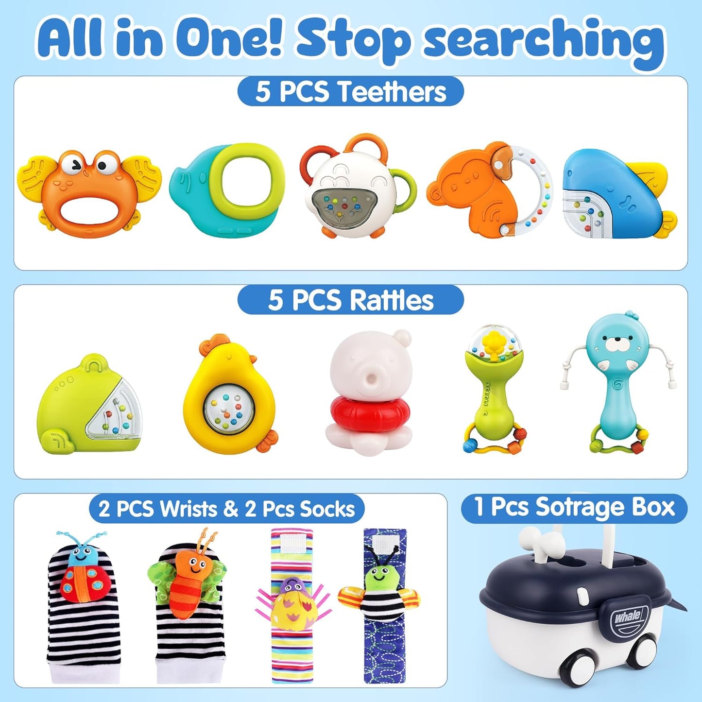 Baby Rattles 0-6 Months | Sensory Toys for Infants 3-6 Month, Wrist Rattle Socks, Foot Finder & Teething Toys | Newborn Toys Gift for Boys and Girls, Baby Shower Gifts Christmas Stocking Stuffers