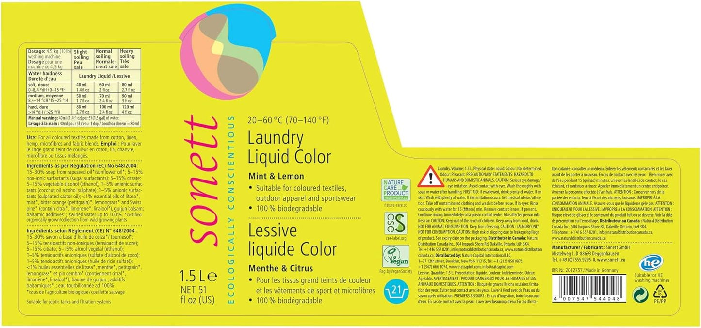 Sonett Organic Laundry Liquid Detergents, Mint & Lemon (1 Count) for all colored textiles Certified Organically Grown