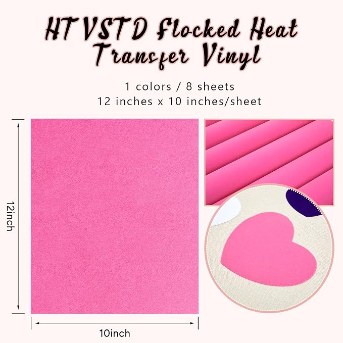 HTVSTD Hot Pink Flock Heat Transfer Vinyl 8pcs 12×10in Iron on Vinyl | Colorful