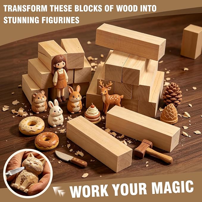 25 PCS Basswood Carving Blocks, 4 Sizes Wood Carving kit, Soft Texture Solid