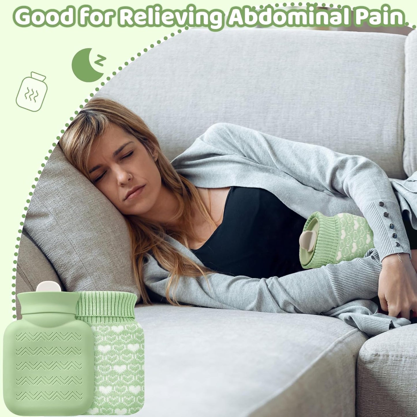 Amylove Mini Hot Water Bottle 320ml for Hot & Cold Compress with Cover Silicone Microwave Heating Small Water Bag for Travel Pain Relief Holiday Gifts(Green)