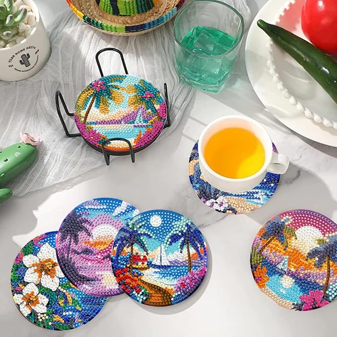 EWJRNSF 8 PCS Beach Diamond Art Coasters DIY Kit