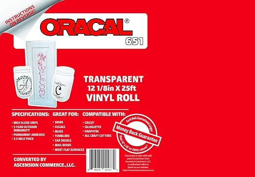 12.125" x 25' Roll of Oracal 651 Transparent Adhesive Craft Vinyl
