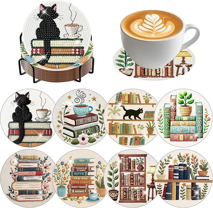 8 Pack Bookshelf Diamond Art Coasters, Diamond Painting Coasters Kits | Books