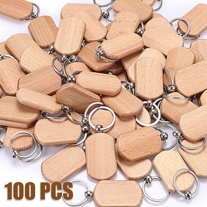JUXYES 100 PCS Unfinished Wooden Keychain Blanks