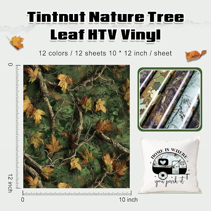 Tintnut Tree Leaf Heat Transfer Vinyl, 12 Sheets 12"x10" Iron on Vinyl | Nature