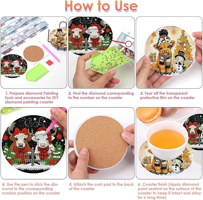 8 PCS Christmas Diamond Art Coasters Kits Highland Cows Coaster Kits | Diamond